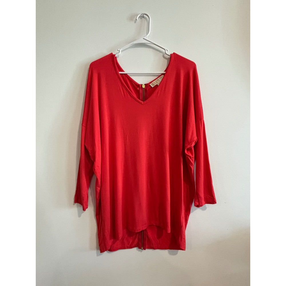Michael Kors Back Zip Dolman Tunic Women Size L Red V-Neck High Low Hem Top